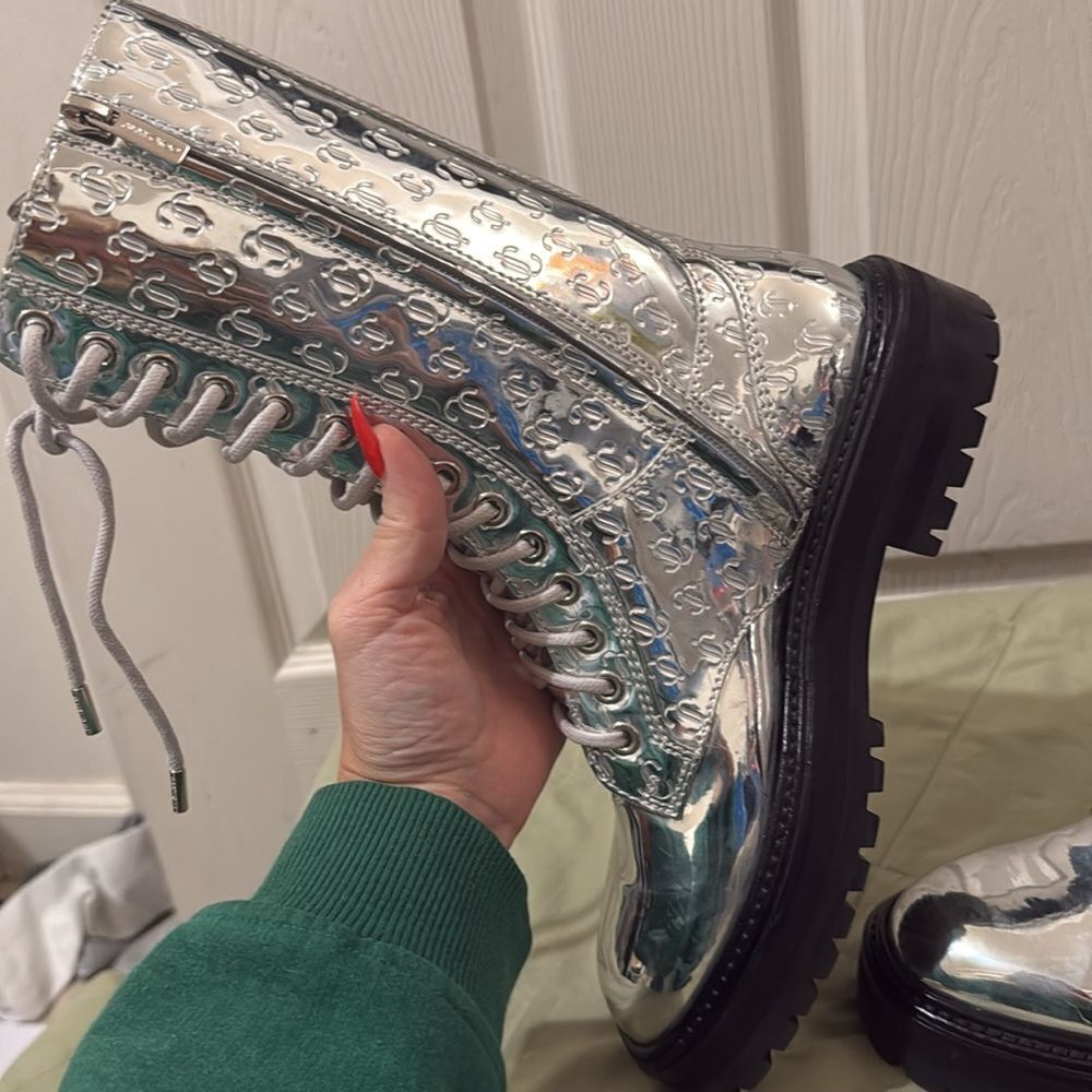 Jimmy Choo Cora Silver Monogram Leather Boot Women's 36/6 - Picture 7 of 7